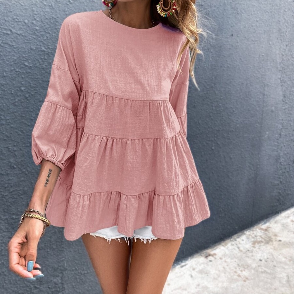 Boho Layered Ruffle 3/4 sleeve Oversized Top Lilac - Picture 2 of 12